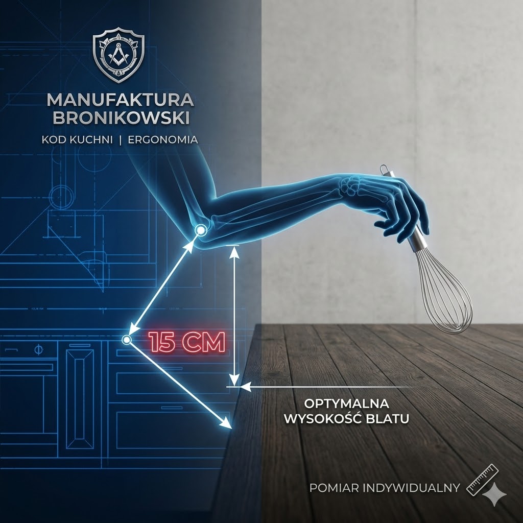 Wysokość blatu ma znaczenie
Standardowe 86 cm to często za mało. W poradniku „Kod Kuchni” pokazuję, jak dopasować meble do Twojego wzrostu, aby gotowanie nie kończyło się bólem pleców. Mała zmiana, która robi kolosalną różnicę w codziennym życiu.